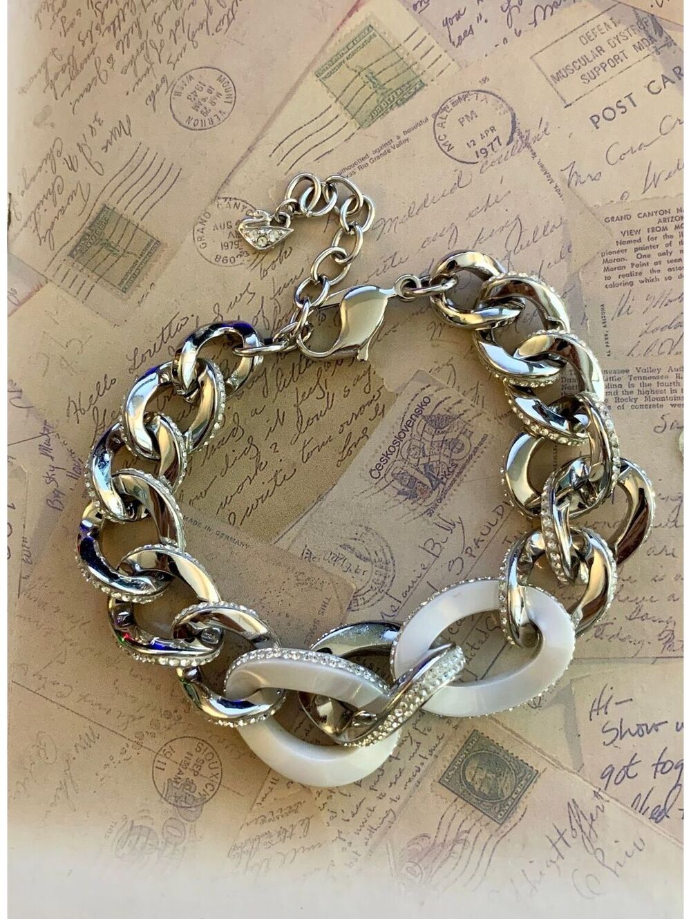 Vintage Contemporary Swarovski Enamel Crystal Pave Chunky Link Designer Bracelet